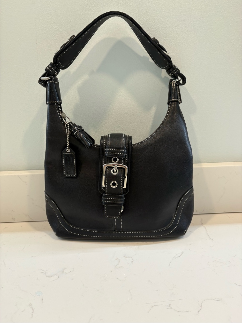 Coach Black Leather Shoulder Bag with Buckle Strap
